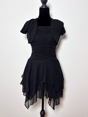 Vtg Y2K Iz Byer Layered Fitted Minidress Bolero Layer Sharkbite Ruffle Hem